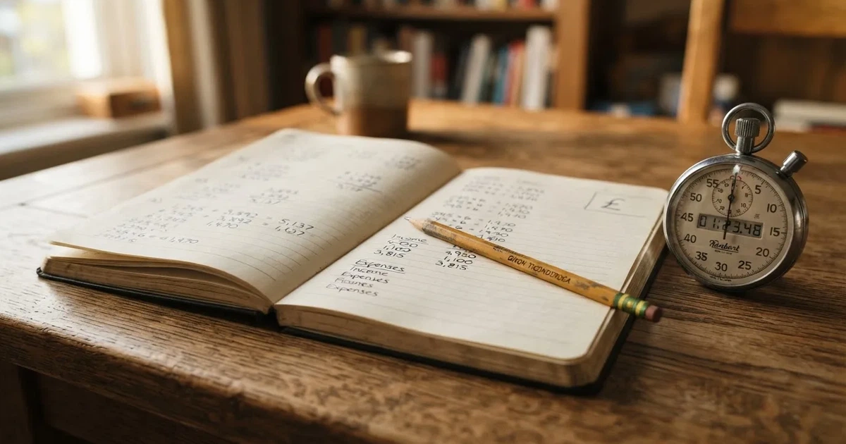 Un cuaderno abierto con un lápiz y un cronómetro sobre una mesa de madera