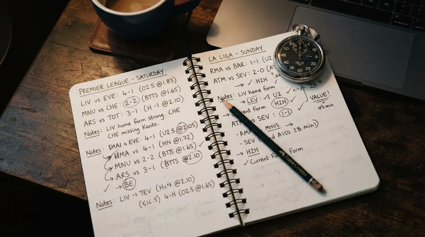 Un cuaderno abierto con un lápiz y un cronómetro sobre una mesa de madera