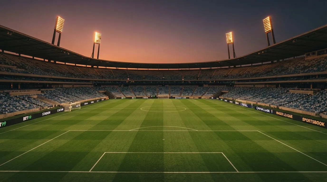 Un estadio de fútbol vacío con torres de iluminación al atardecer