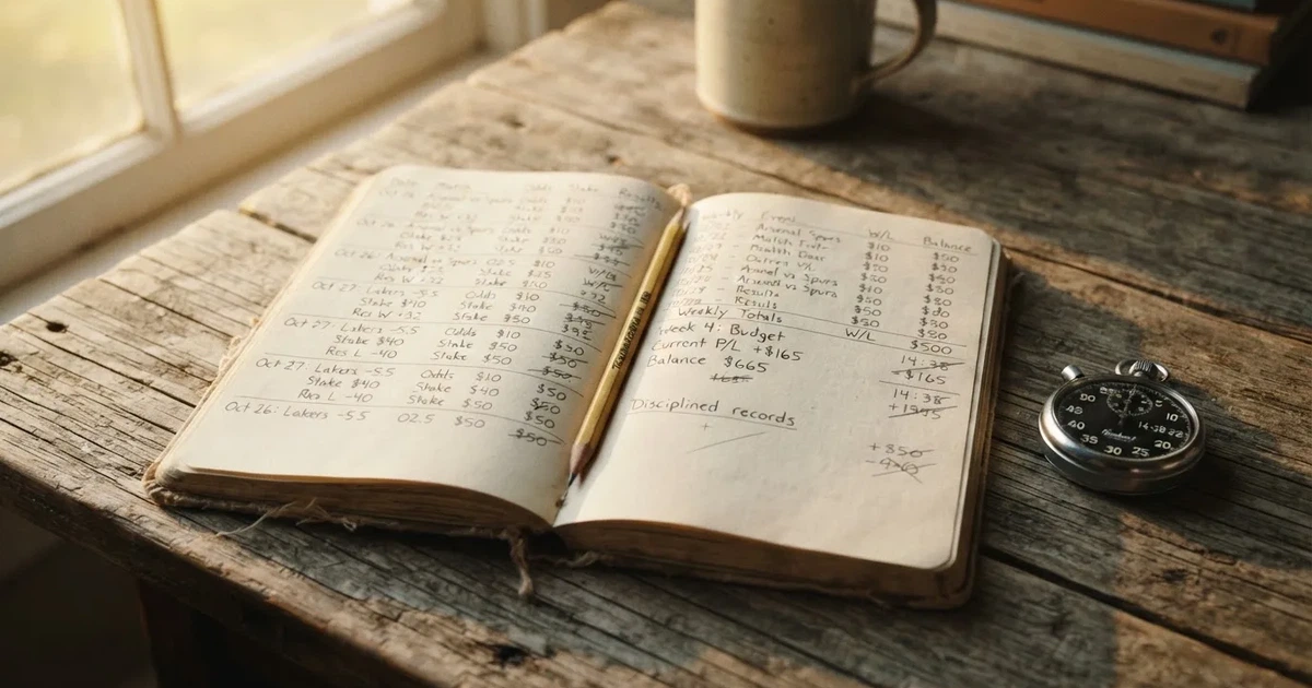 Un cuaderno abierto con un lápiz y un cronómetro sobre una mesa de madera