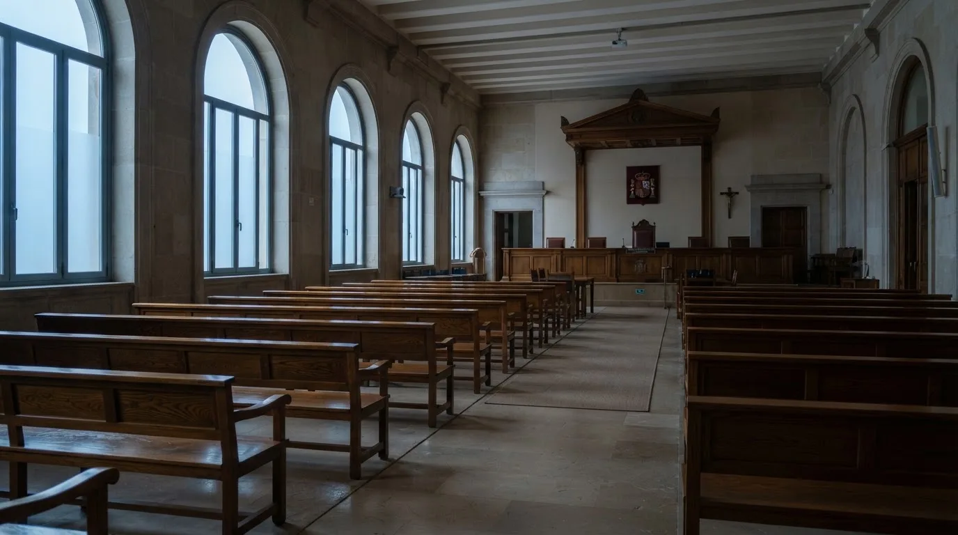Una sala de tribunal vacía con bancos de madera a la luz de la mañana