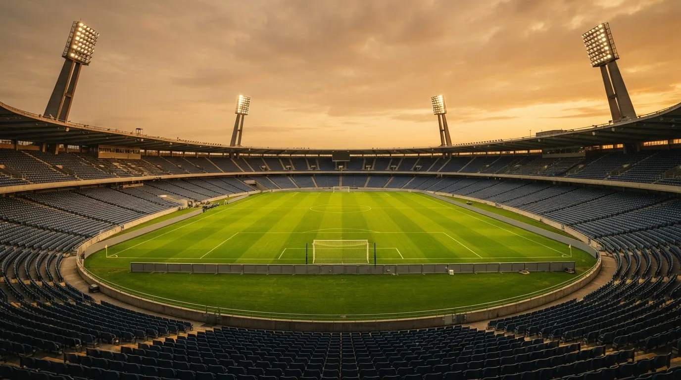 Un estadio de fútbol vacío con torres de iluminación al atardecer