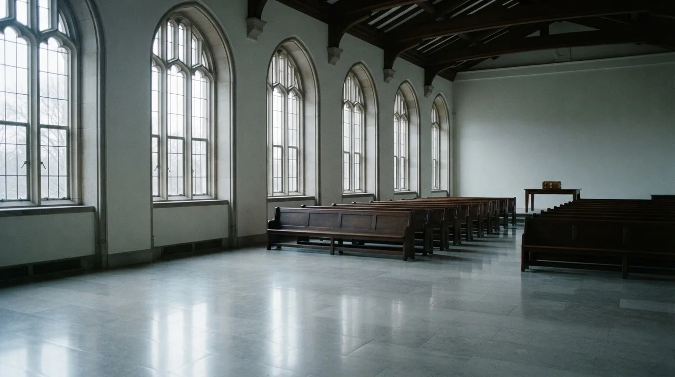 Una sala de tribunal vacía con bancos de madera a la luz de la mañana