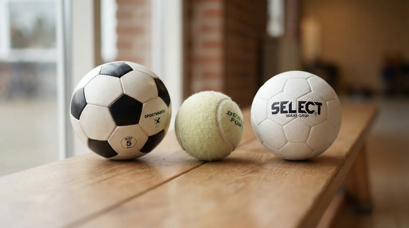 Tres balones de distintos tipos, uno junto a otro, sobre un banco de madera