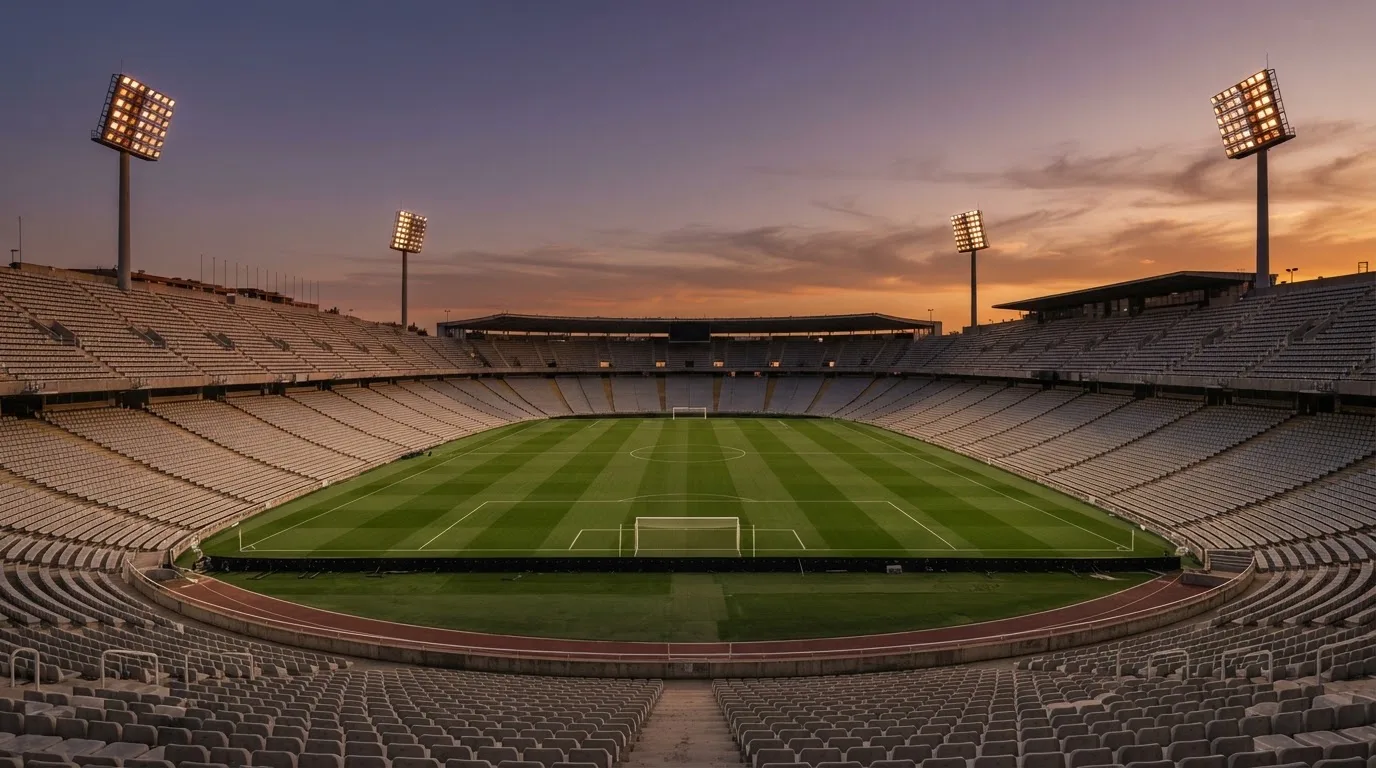 Un estadio de fútbol vacío con torres de iluminación al atardecer