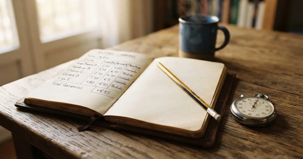 Un cuaderno abierto con un lápiz y un cronómetro sobre una mesa de madera