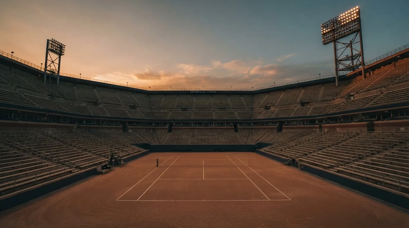 Un estadio de fútbol vacío con torres de iluminación al atardecer