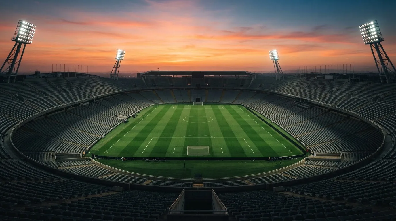Un estadio de fútbol vacío con torres de iluminación al atardecer
