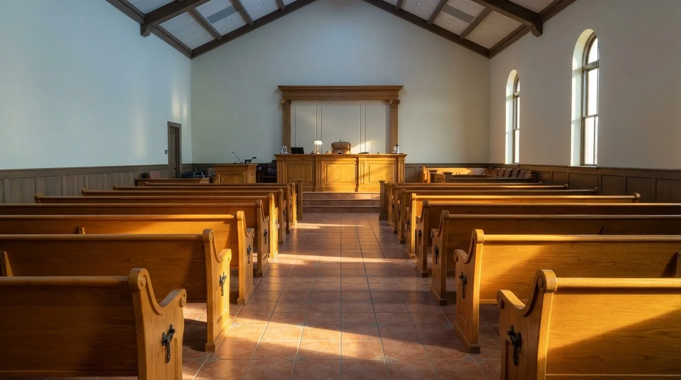 Una sala de tribunal vacía con bancos de madera a la luz de la mañana