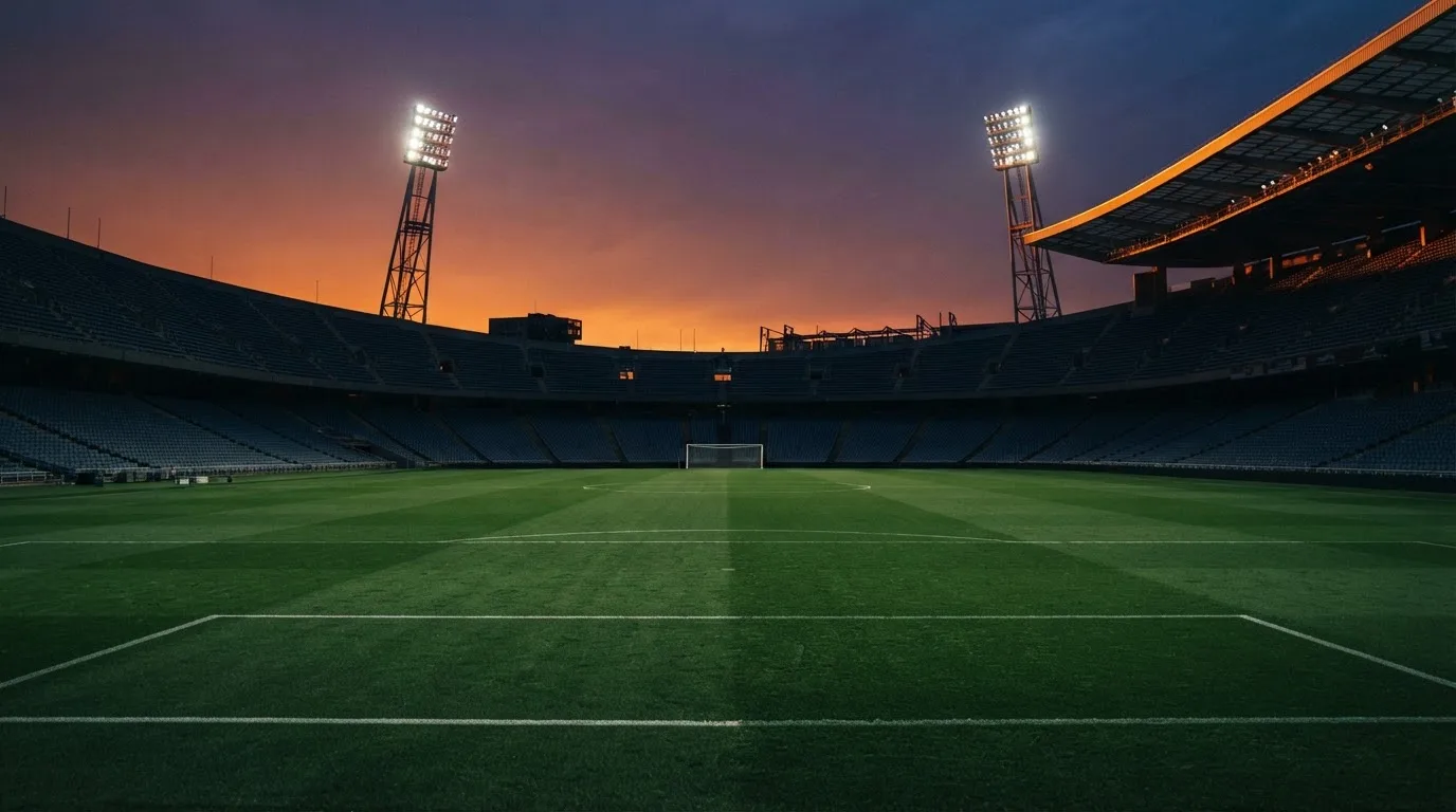 Un estadio de fútbol vacío con torres de iluminación al atardecer