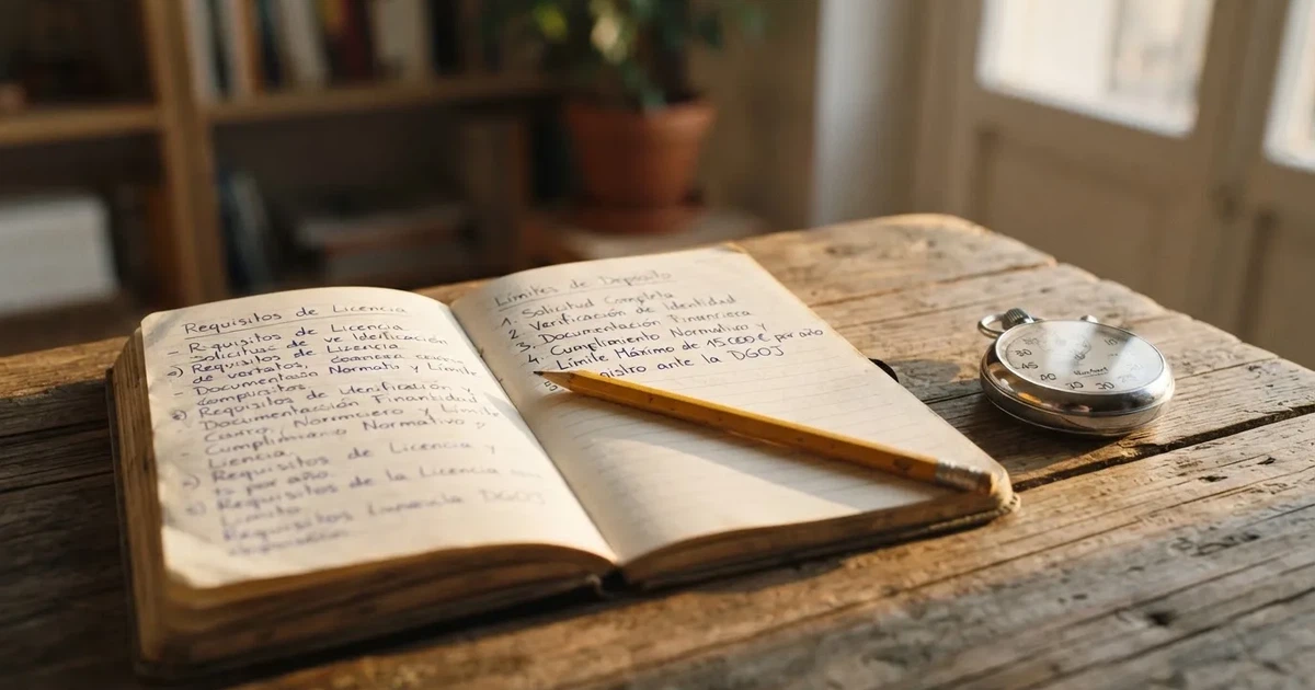 Un cuaderno abierto con un lápiz y un cronómetro sobre una mesa de madera