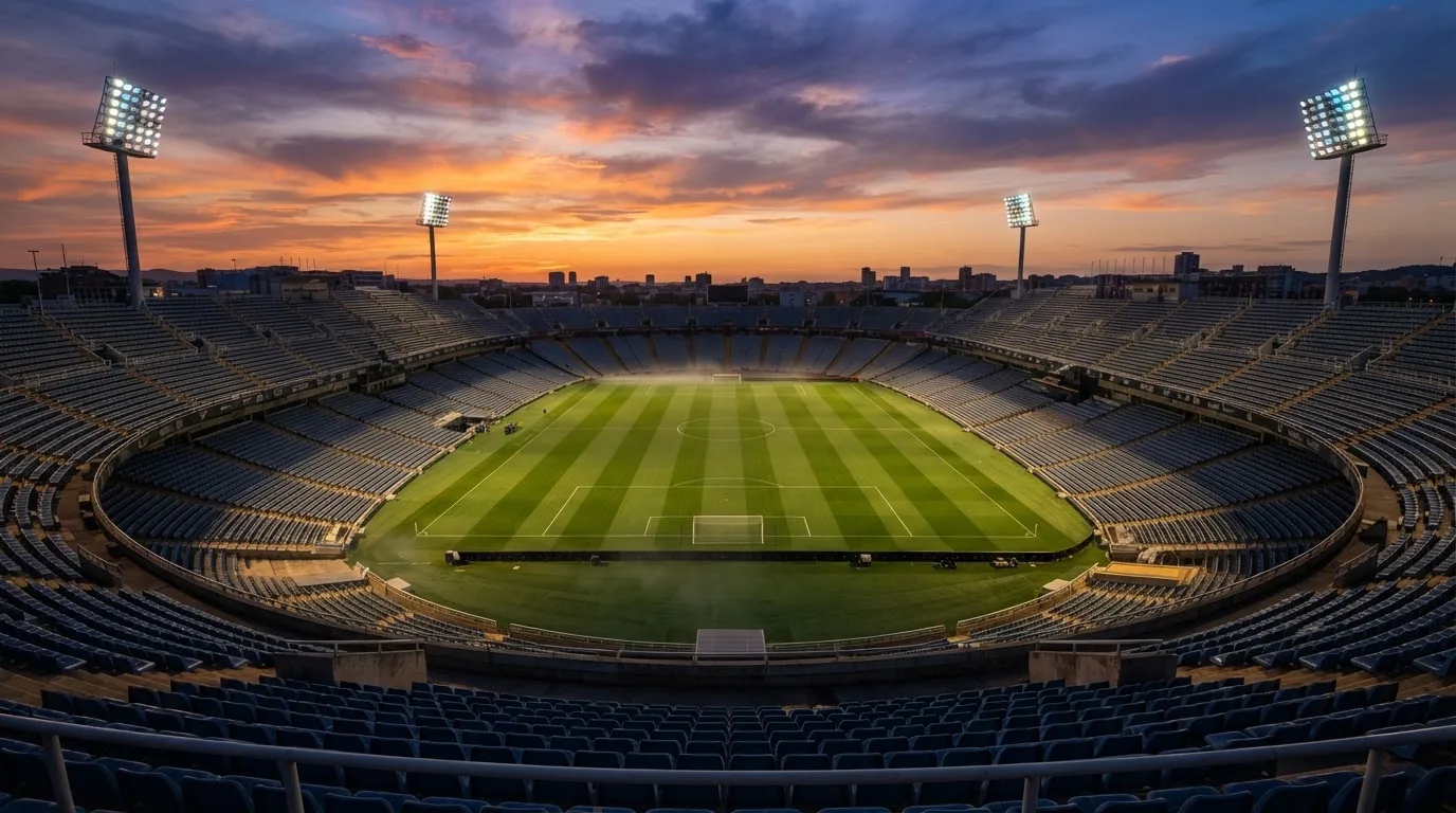 Un estadio de fútbol vacío con torres de iluminación al atardecer
