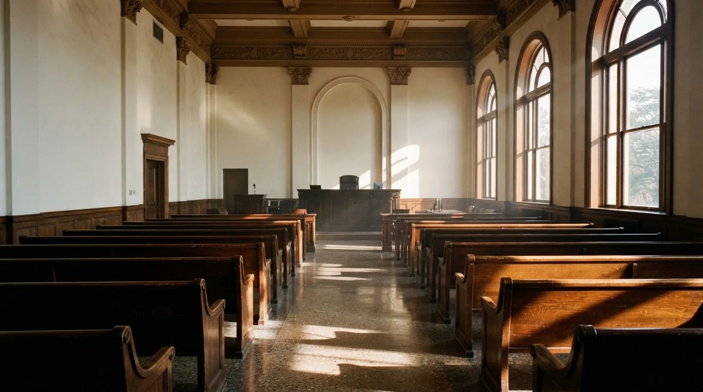 Una sala de tribunal vacía con bancos de madera a la luz de la mañana