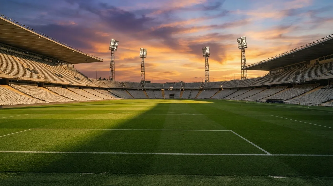 Un estadio de fútbol vacío con torres de iluminación al atardecer