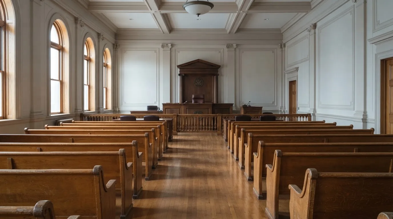 Una sala de tribunal vacía con bancos de madera a la luz de la mañana
