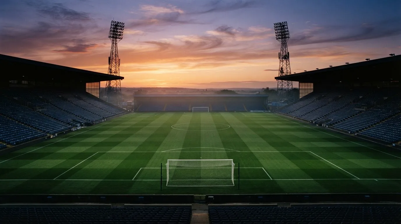 Un estadio de fútbol vacío con torres de iluminación al atardecer
