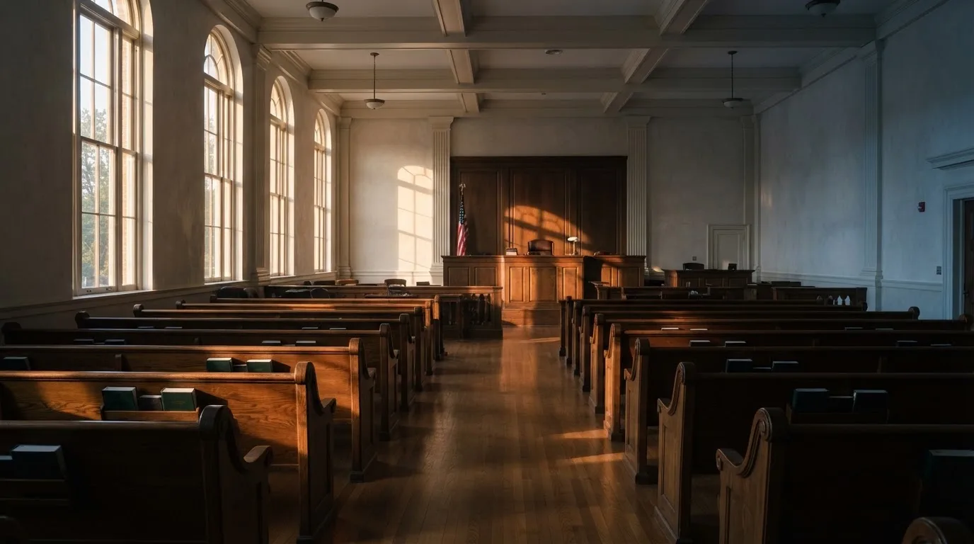 Una sala de tribunal vacía con bancos de madera a la luz de la mañana