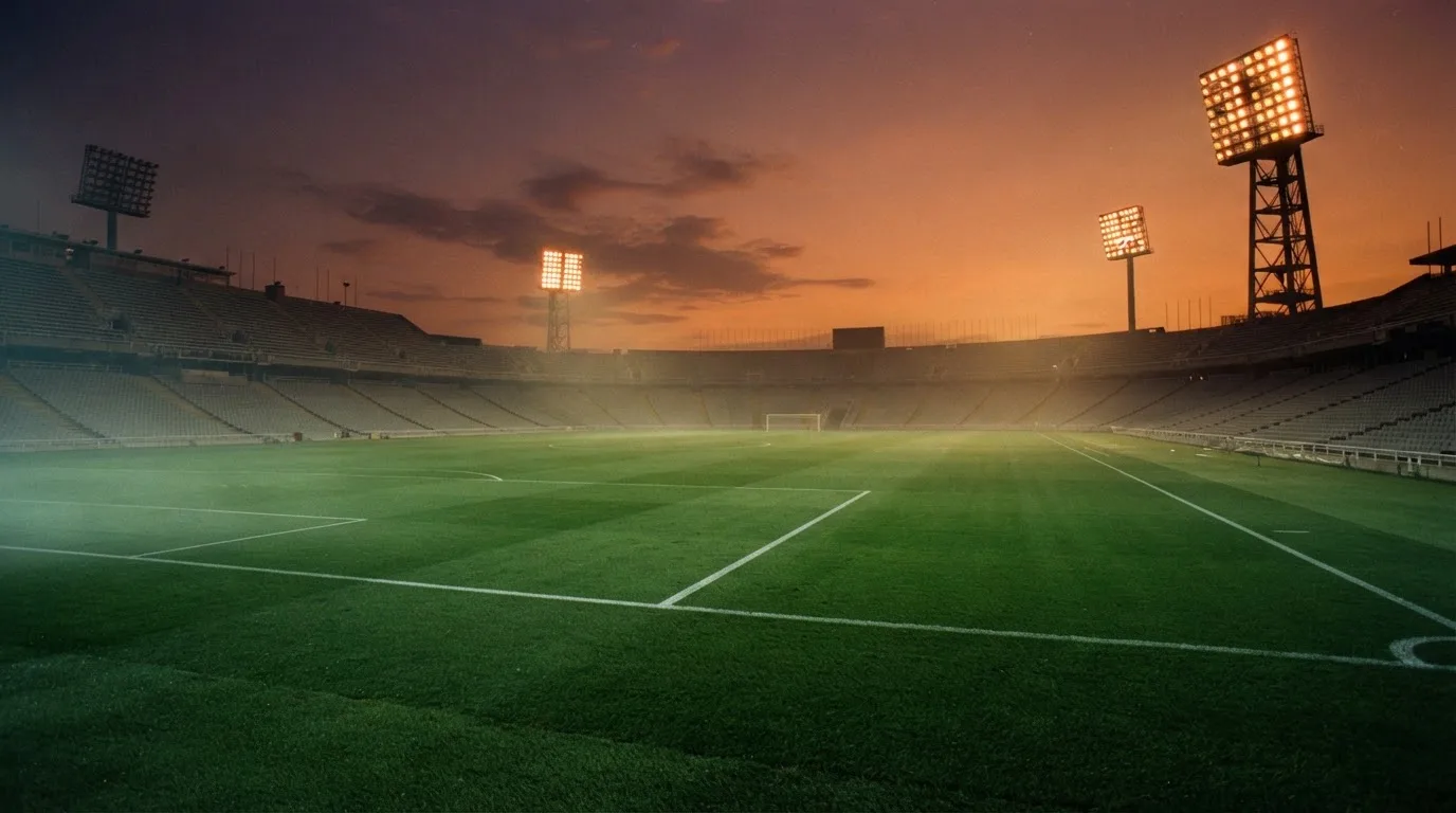Un estadio de fútbol vacío con torres de iluminación al atardecer