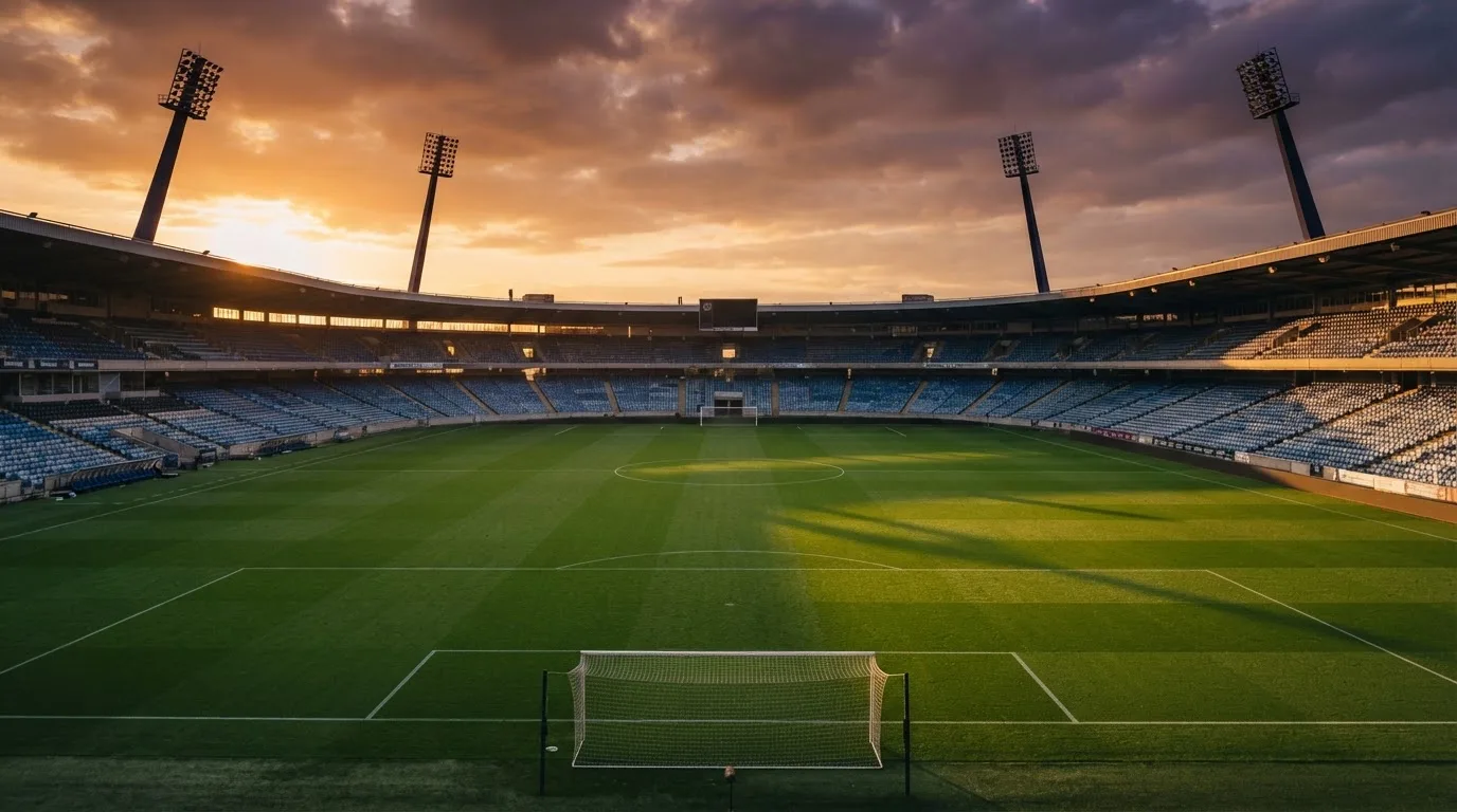 Un estadio de fútbol vacío con torres de iluminación al atardecer