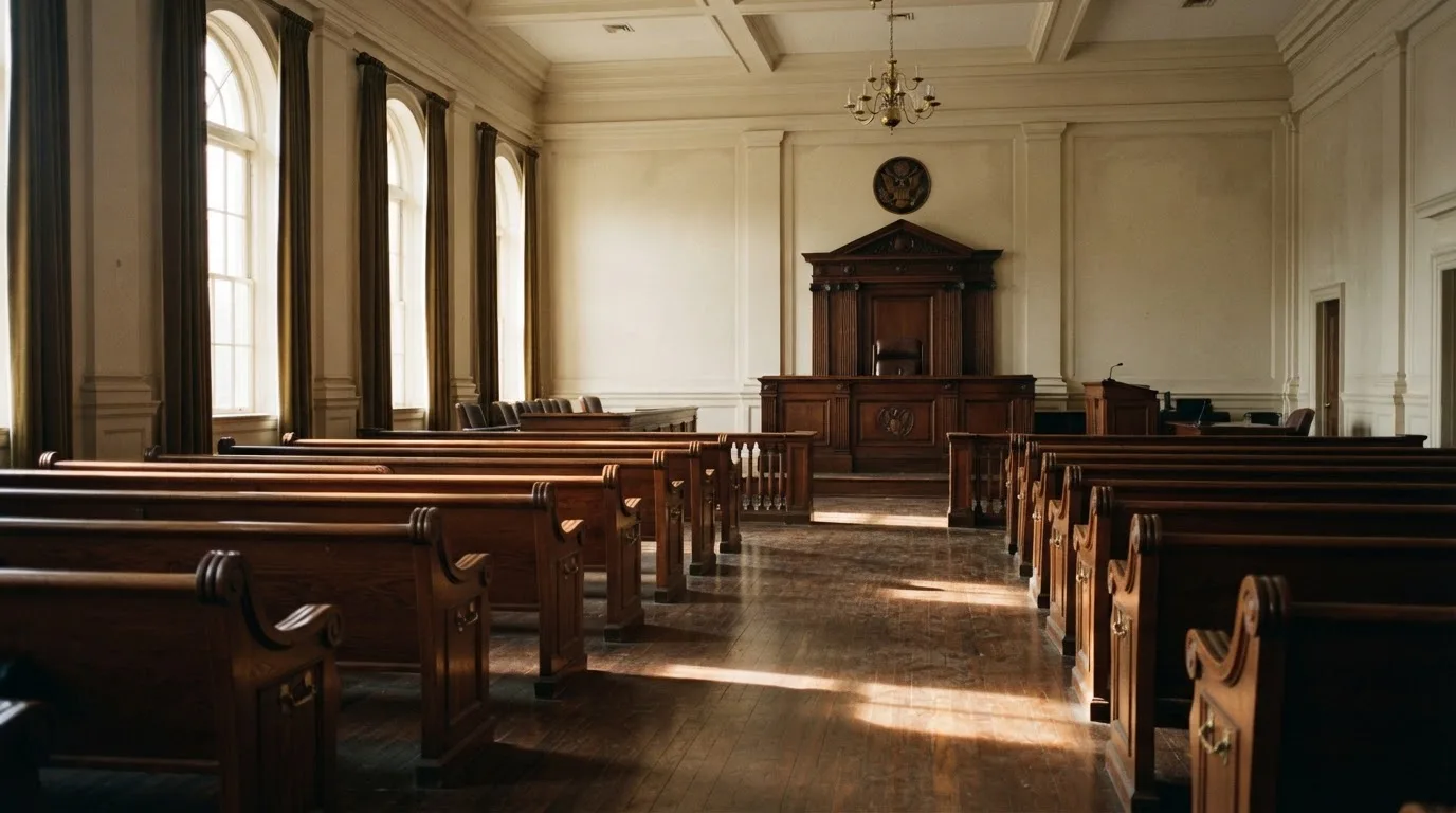 Una sala de tribunal vacía con bancos de madera a la luz de la mañana