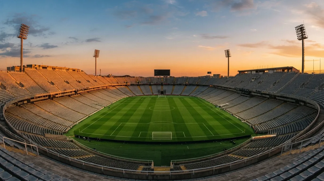 Un estadio de fútbol vacío con torres de iluminación al atardecer