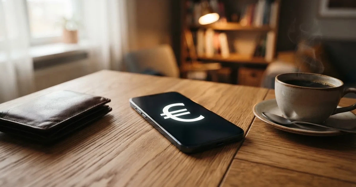 Un móvil sobre una mesa de madera junto a una cartera y una taza de café