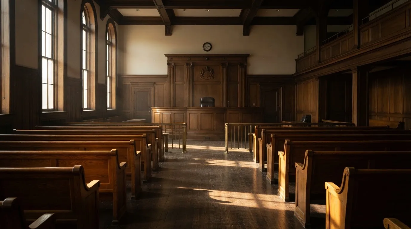 Una sala de tribunal vacía con bancos de madera a la luz de la mañana