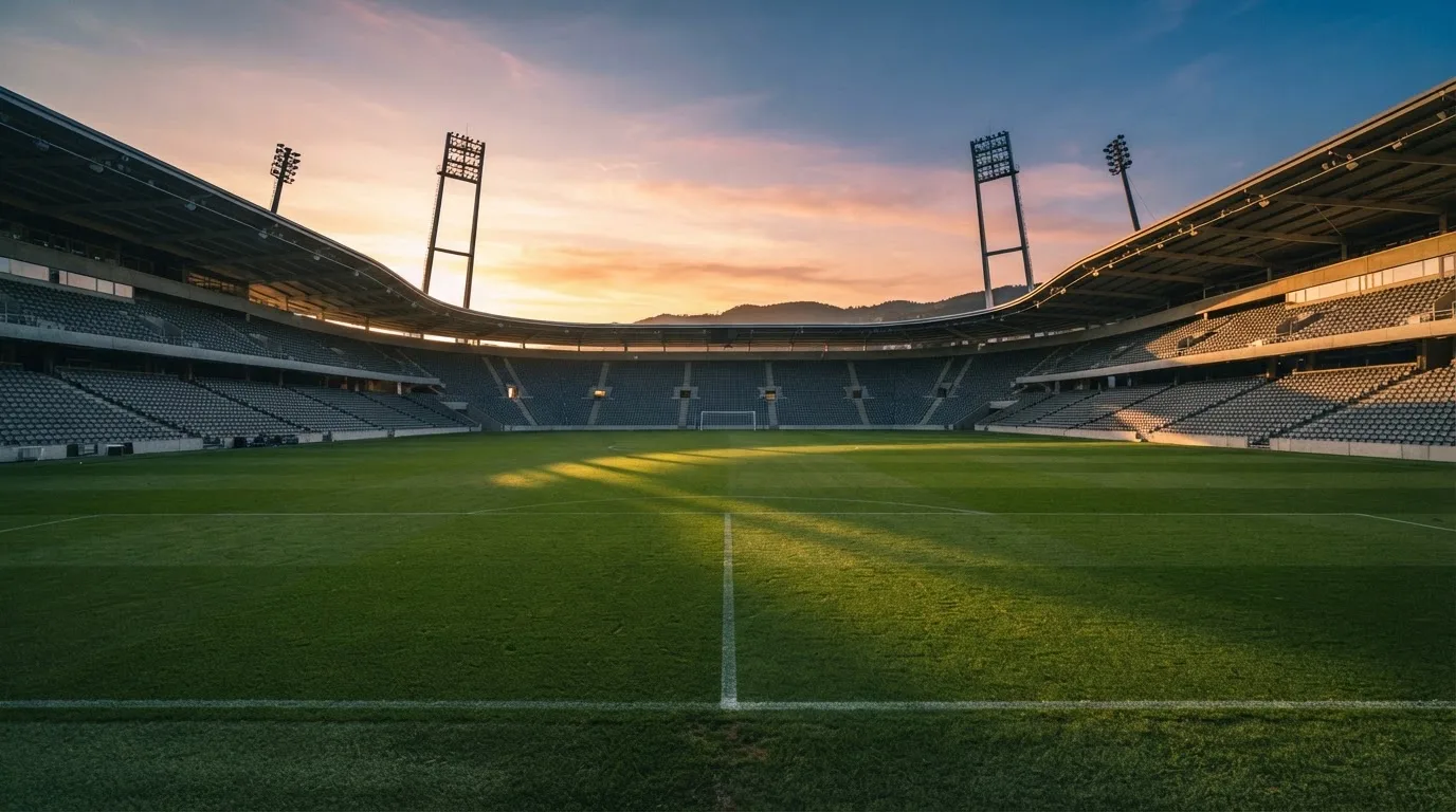 Un estadio de fútbol vacío con torres de iluminación al atardecer