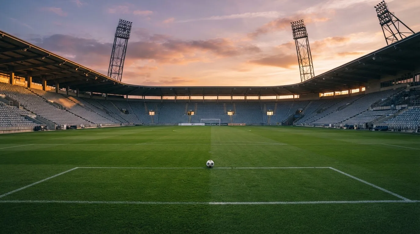 Un estadio de fútbol vacío con torres de iluminación al atardecer