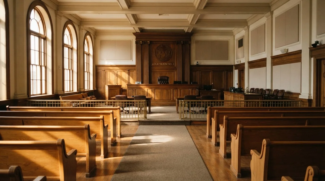 Una sala de tribunal vacía con bancos de madera a la luz de la mañana