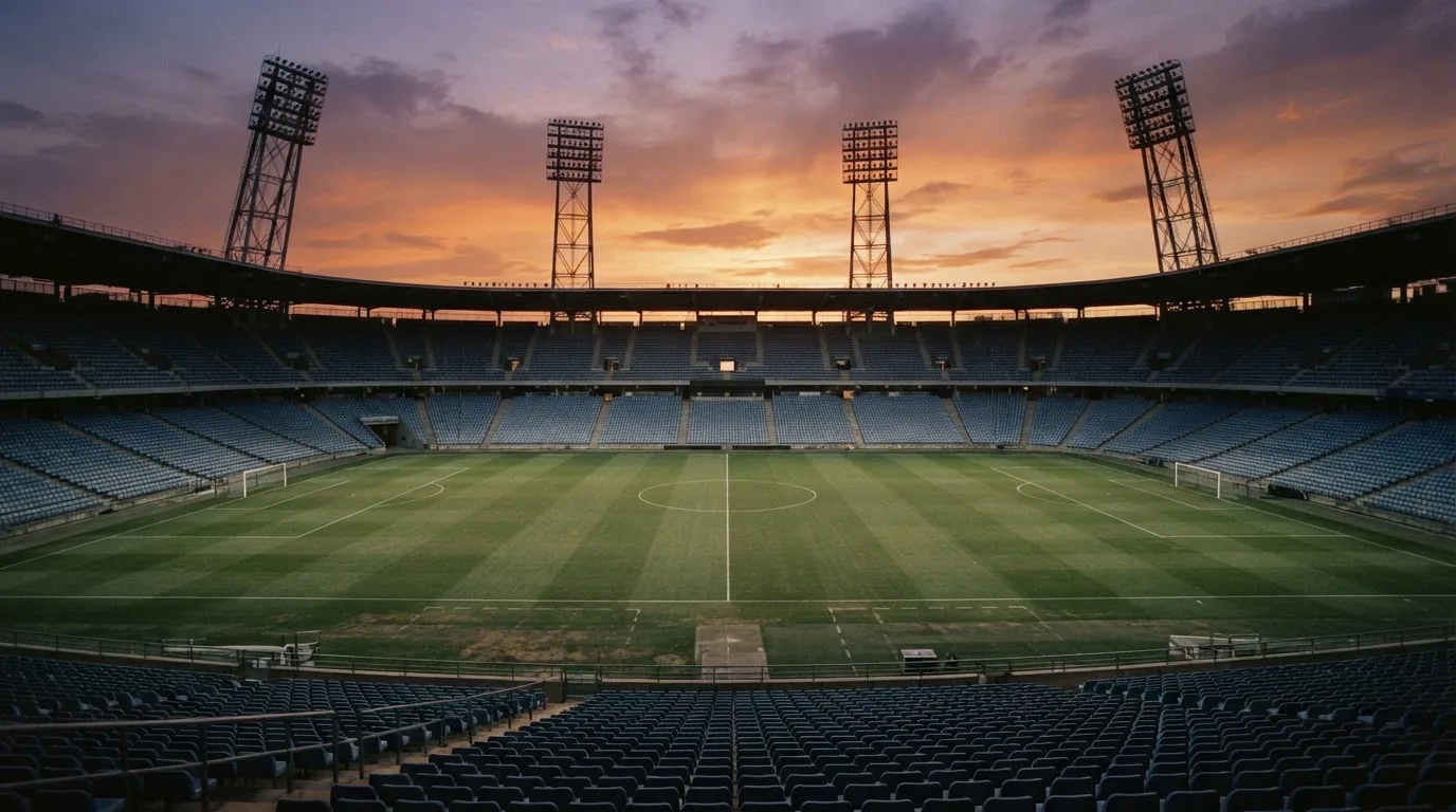 Un estadio de fútbol vacío con torres de iluminación al atardecer