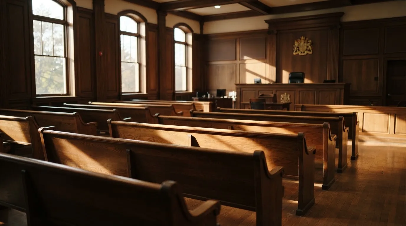 Una sala de tribunal vacía con bancos de madera a la luz de la mañana