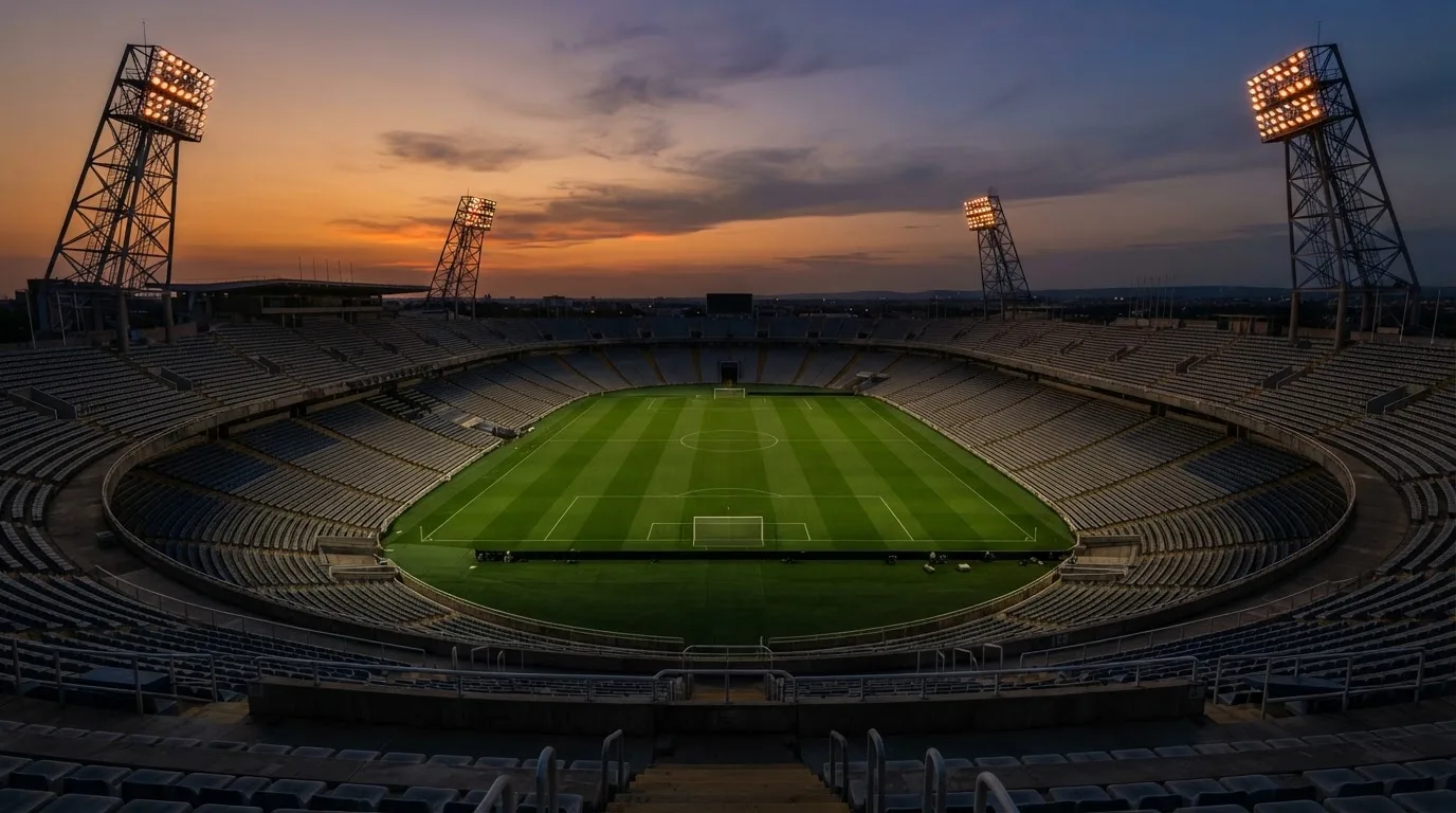 Un estadio de fútbol vacío con torres de iluminación al atardecer