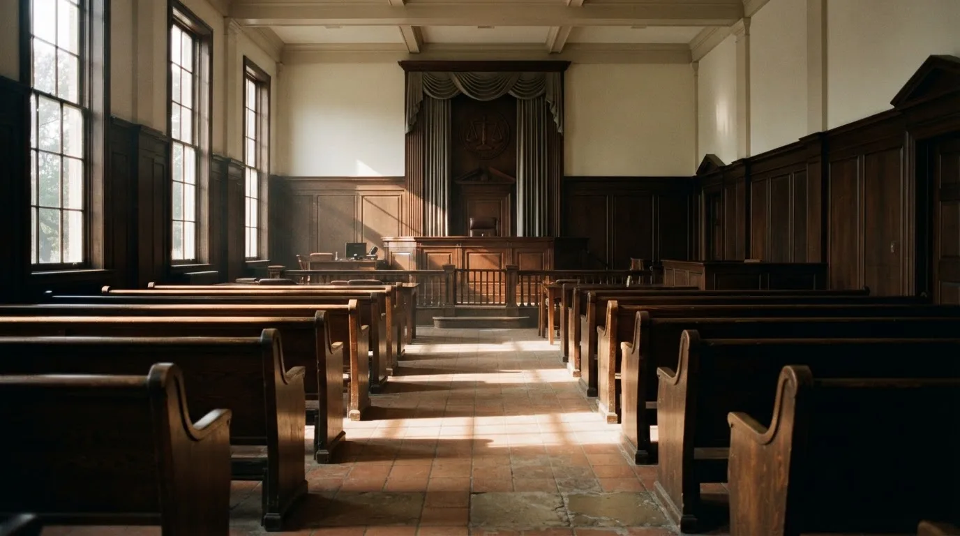 Una sala de tribunal vacía con bancos de madera a la luz de la mañana