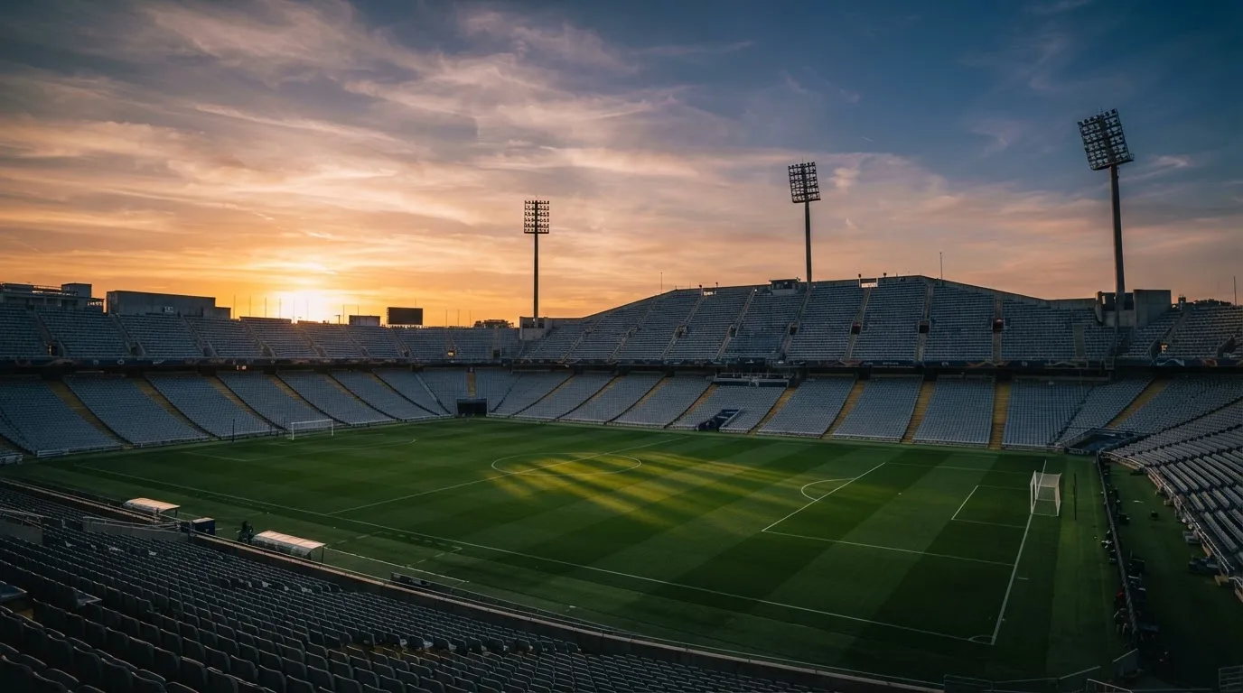 Un estadio de fútbol vacío con torres de iluminación al atardecer
