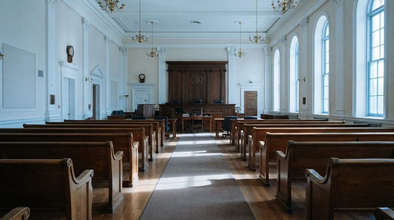 Una sala de tribunal vacía con bancos de madera a la luz de la mañana