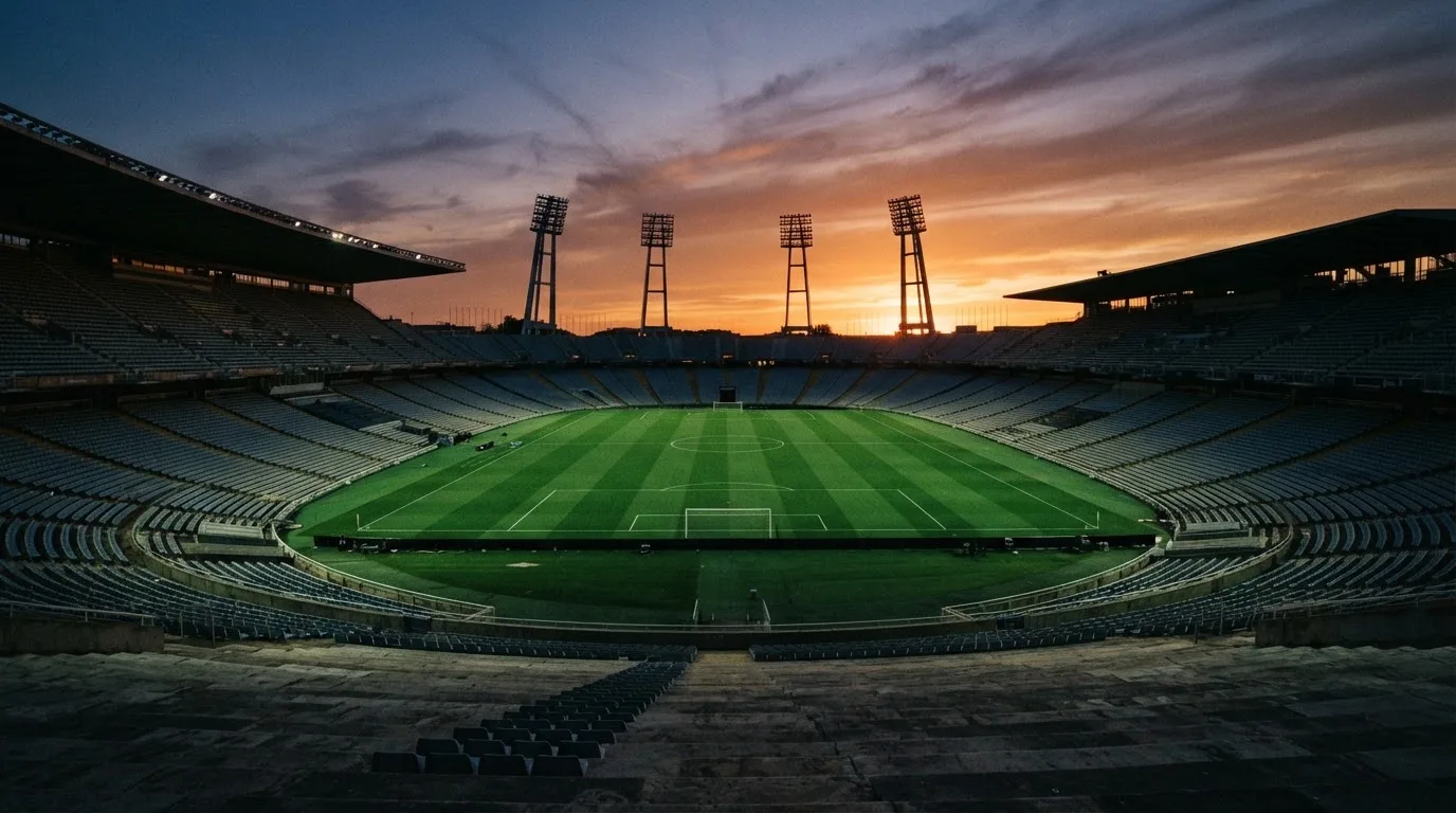 Un estadio de fútbol vacío con torres de iluminación al atardecer