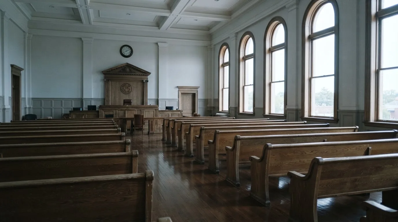 Una sala de tribunal vacía con bancos de madera a la luz de la mañana