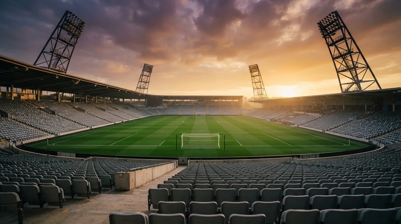 Un estadio de fútbol vacío con torres de iluminación al atardecer