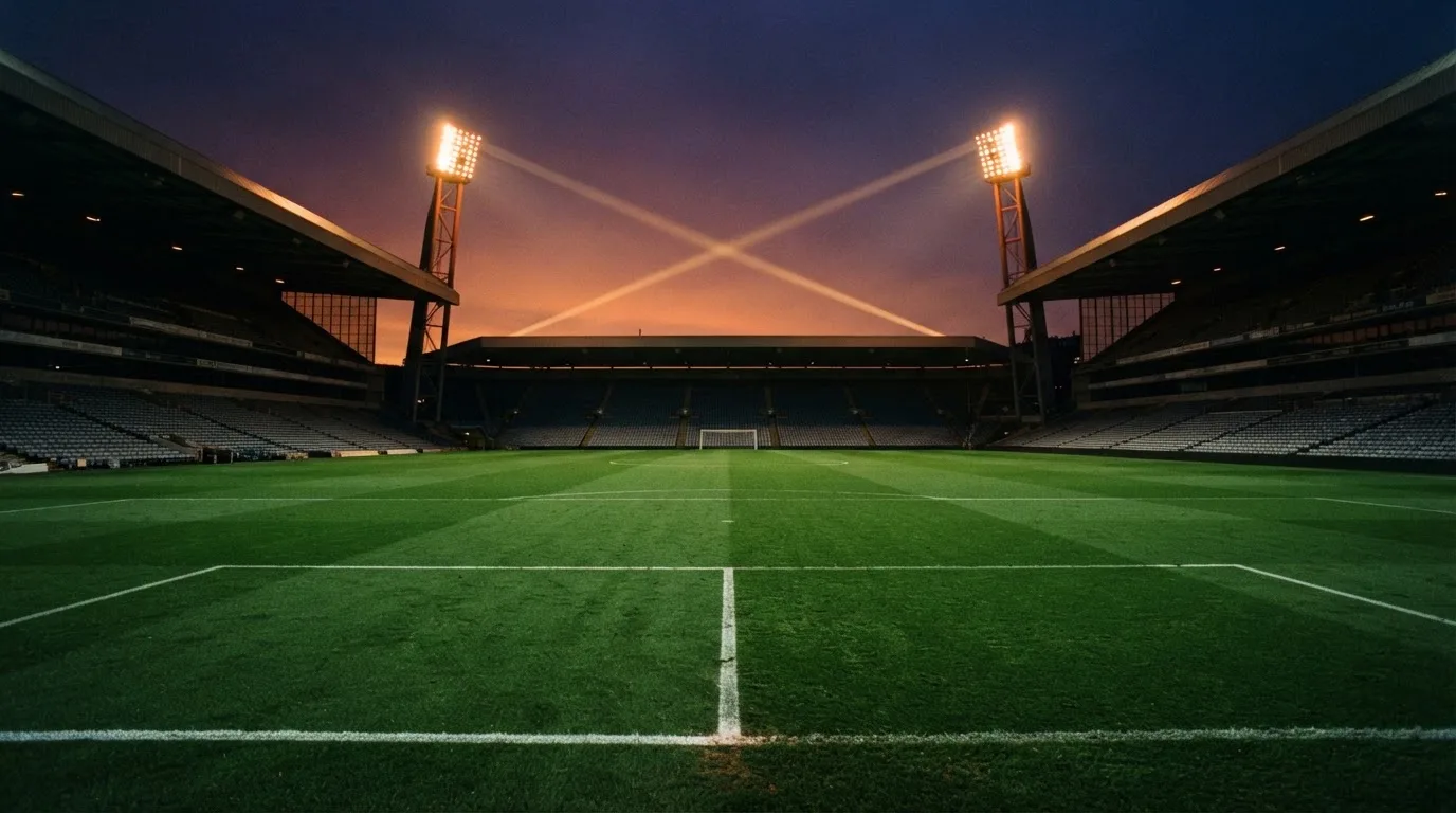 Un estadio de fútbol vacío con torres de iluminación al atardecer
