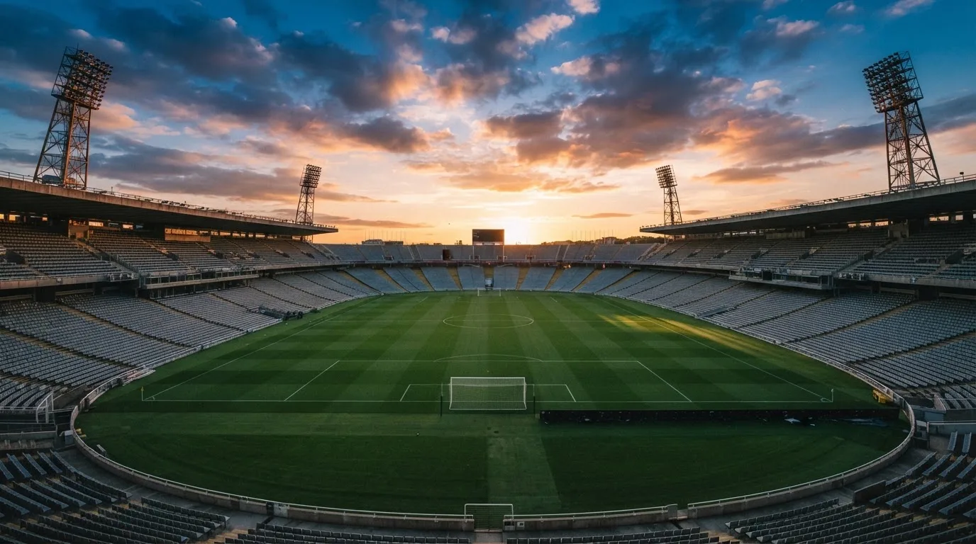 Un estadio de fútbol vacío con torres de iluminación al atardecer
