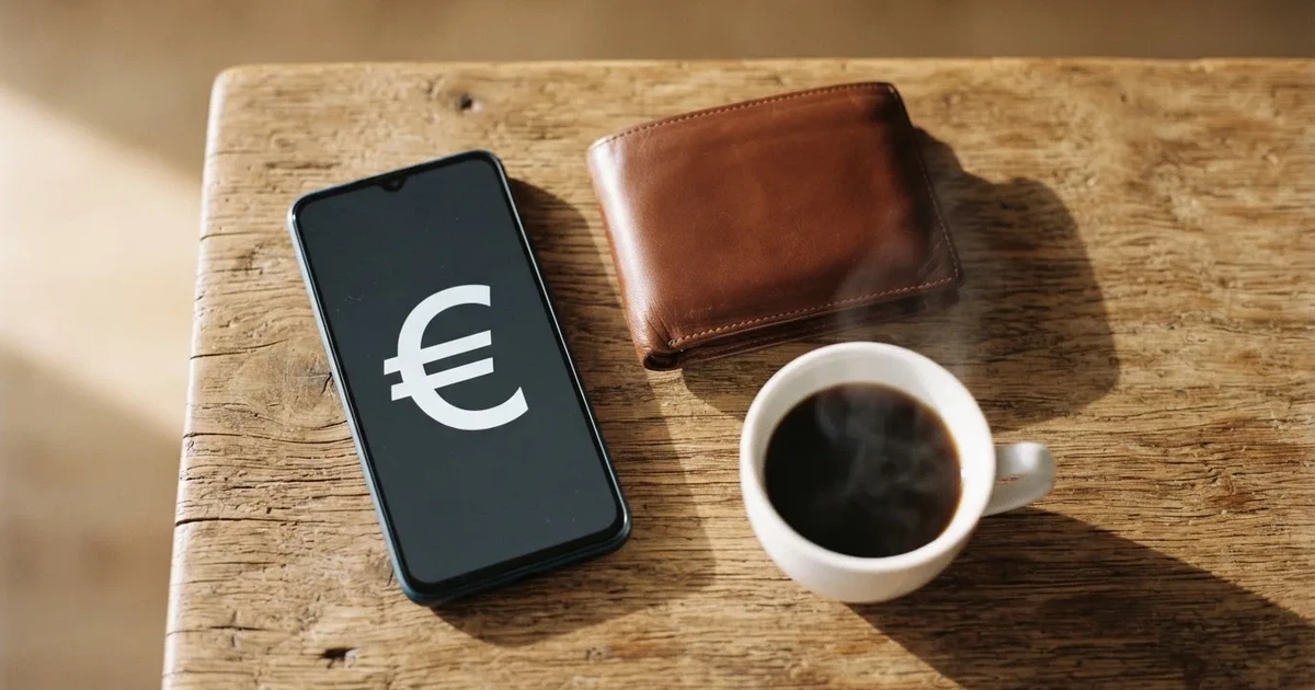 Un móvil sobre una mesa de madera junto a una cartera y una taza de café