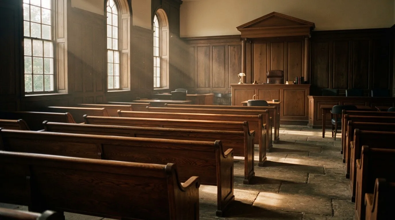 Una sala de tribunal vacía con bancos de madera a la luz de la mañana