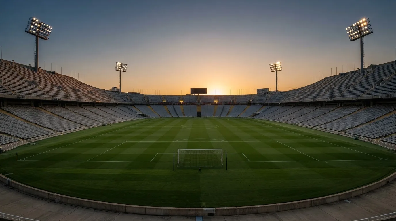 Un estadio de fútbol vacío con torres de iluminación al atardecer