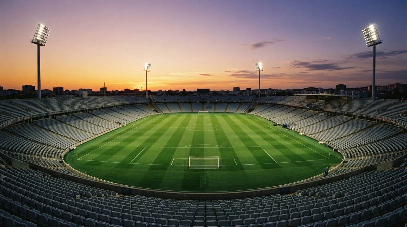 Un estadio de fútbol vacío con torres de iluminación al atardecer