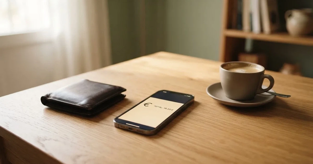 Un móvil sobre una mesa de madera junto a una cartera y una taza de café