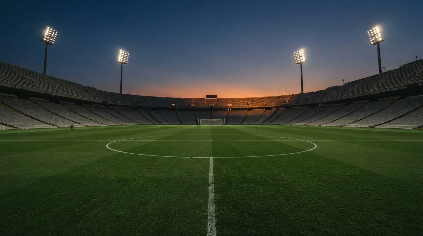 Un estadio de fútbol vacío con torres de iluminación al atardecer
