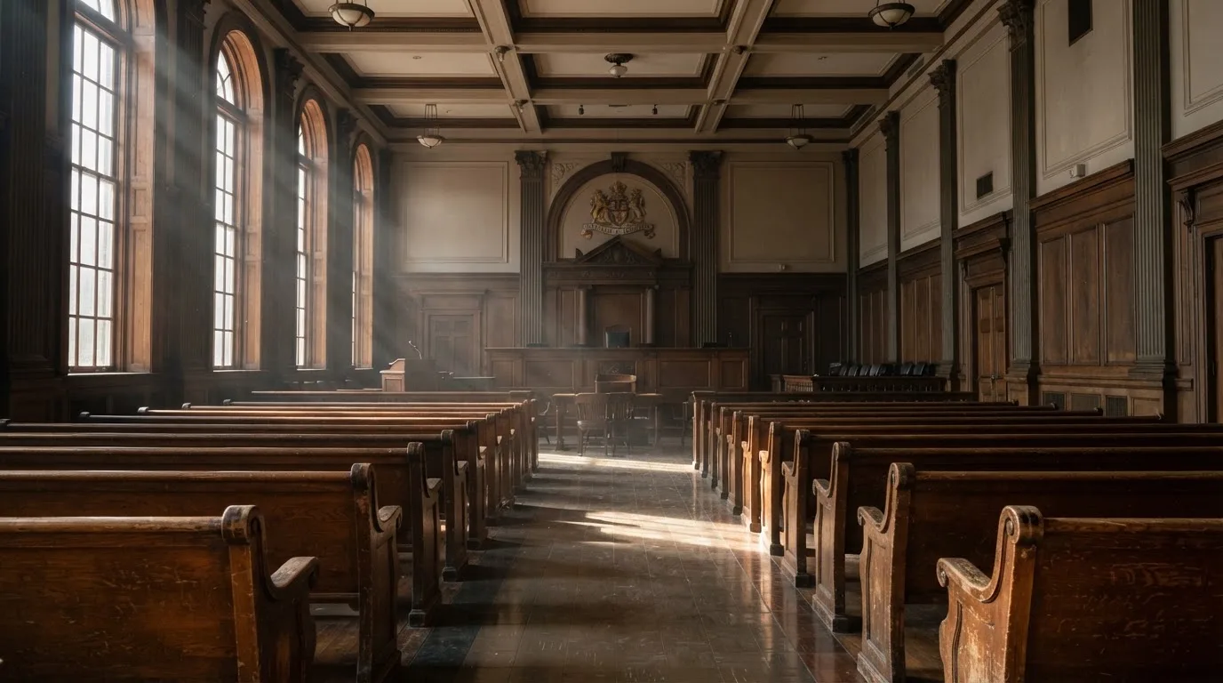 Una sala de tribunal vacía con bancos de madera a la luz de la mañana
