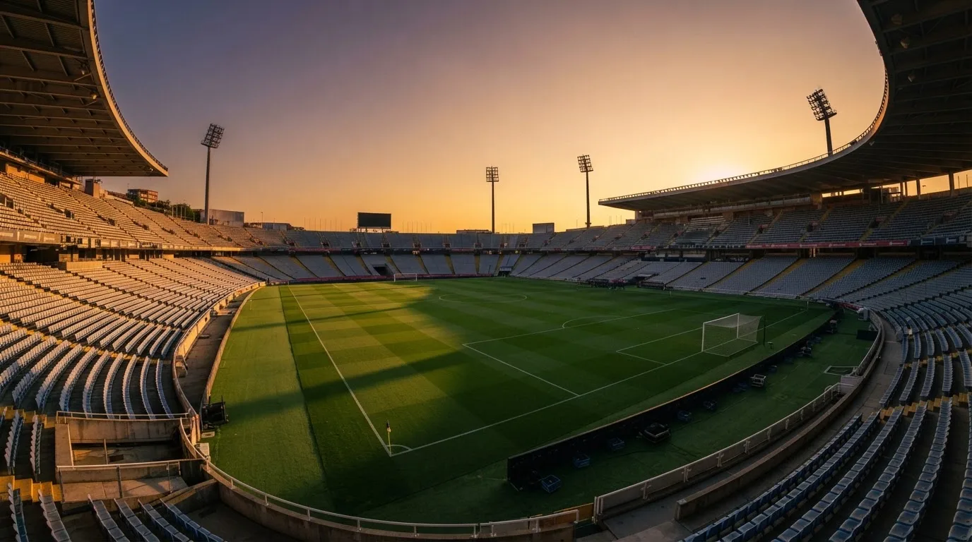 Un estadio de fútbol vacío con torres de iluminación al atardecer