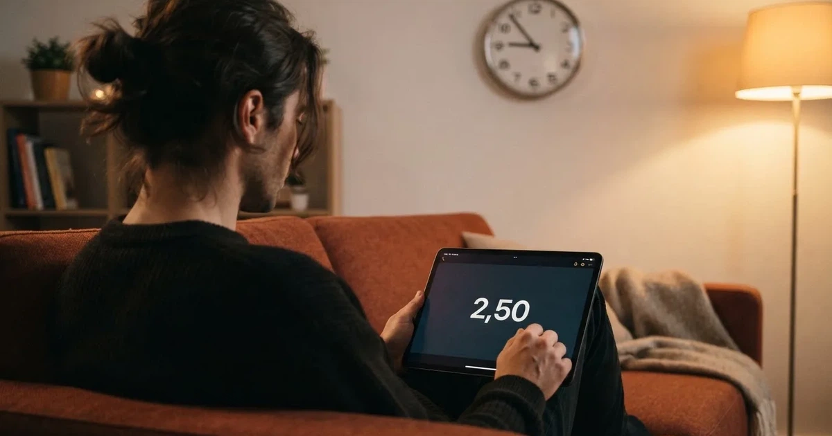 Una persona en el sofá mira pensativa una tableta, con un reloj de pared al fondo